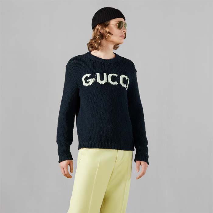G*u*i men gg wool sweater G*u*i intarsia blue ivory knit crewneck long sleeves