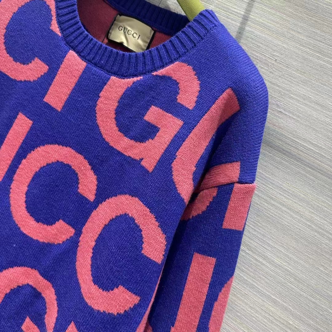G*u*i women gg wool sweater G*u*i intarsia blue crewneck dropped shoulder