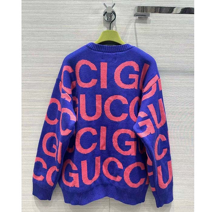 G*u*i women gg wool sweater G*u*i intarsia blue crewneck dropped shoulder