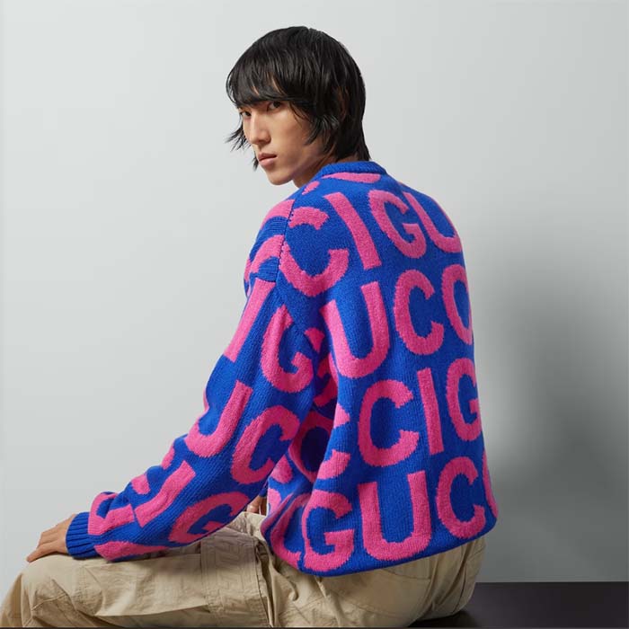 G*u*i men gg wool sweater G*u*i intarsia blue crewneck dropped shoulder