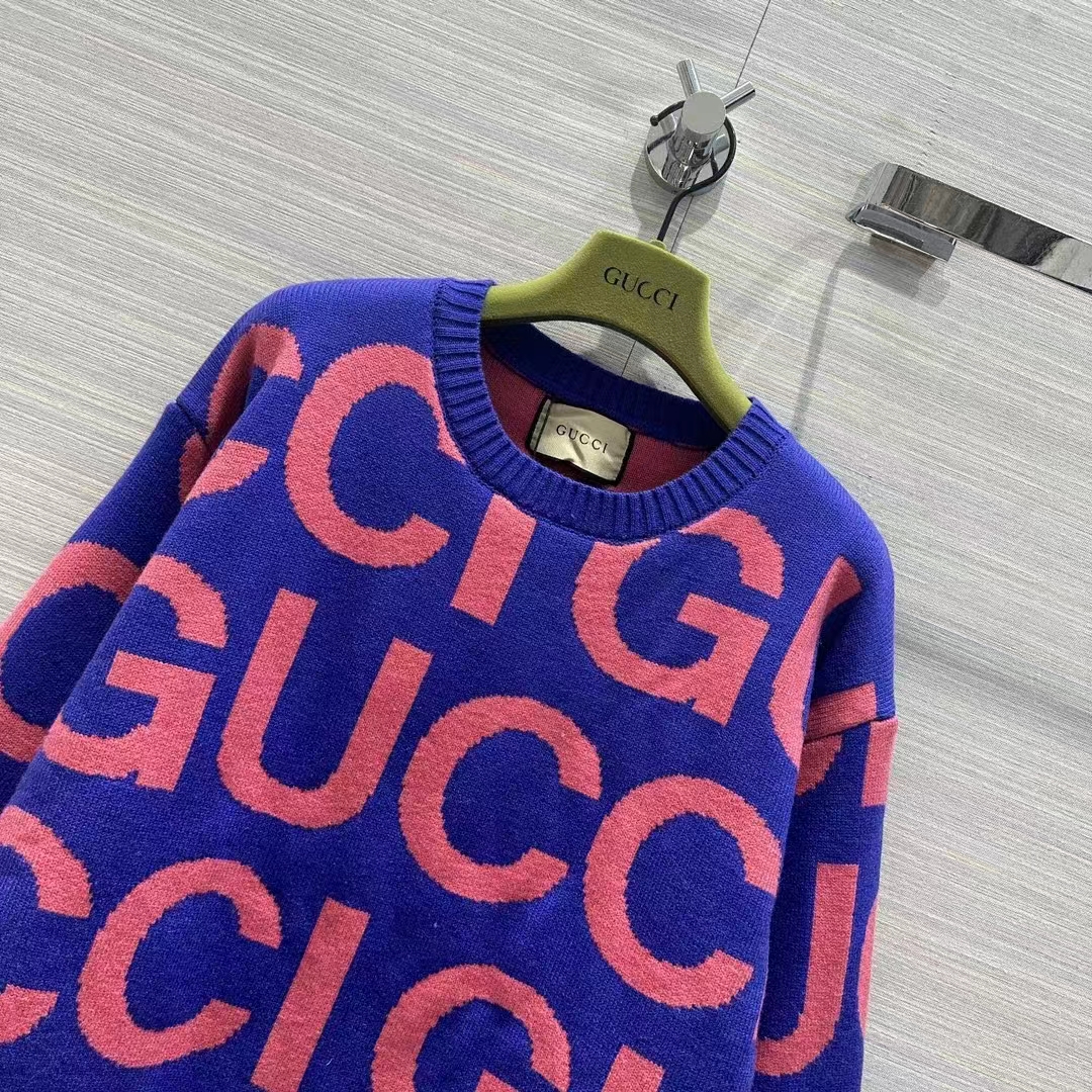 G*u*i women gg wool sweater G*u*i intarsia blue crewneck dropped shoulder