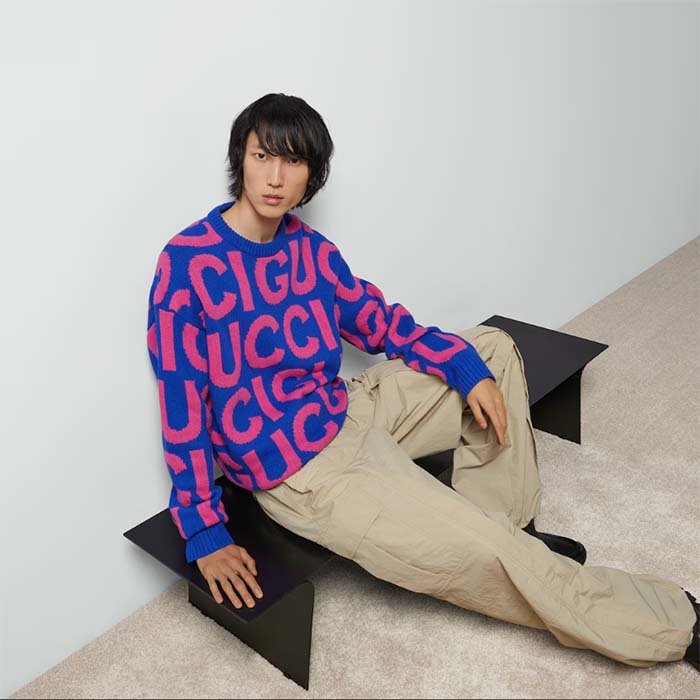 G*u*i men gg wool sweater G*u*i intarsia blue crewneck dropped shoulder