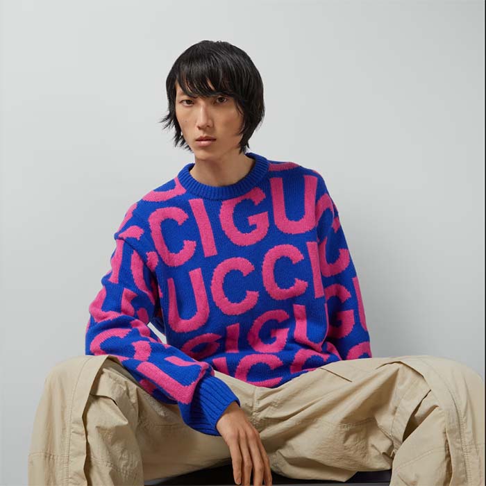 G*u*i men gg wool sweater G*u*i intarsia blue crewneck dropped shoulder
