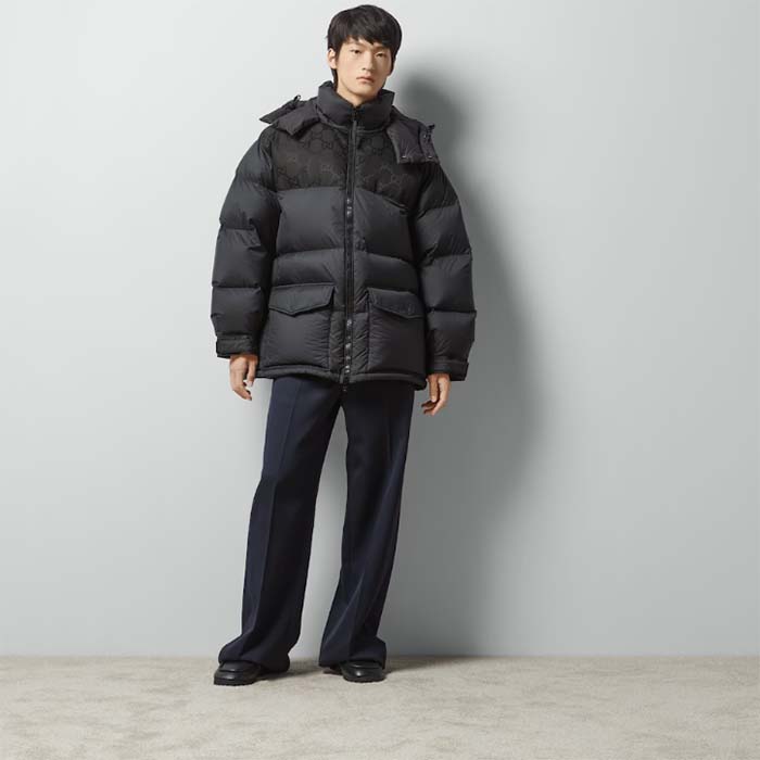 G*u*i men nylon down jacket gg inserts feather padding lined high neck velcro cuffs