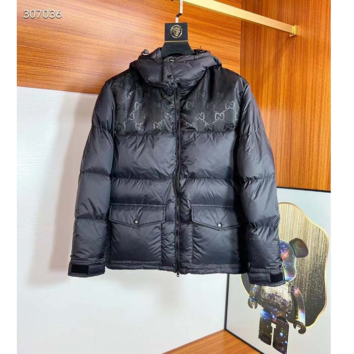 G*u*i men nylon down jacket gg inserts feather padding lined high neck velcro cuffs