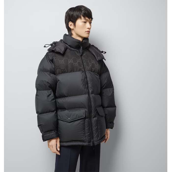 G*u*i men nylon down jacket gg inserts feather padding lined high neck velcro cuffs