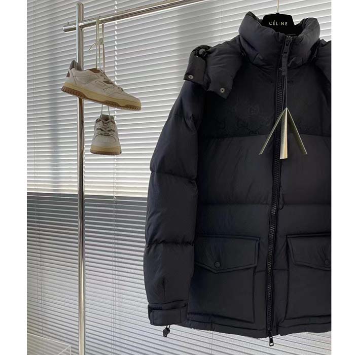 G*u*i women nylon down jacket gg iserts black canvas high neck velcro cuffs zip closure