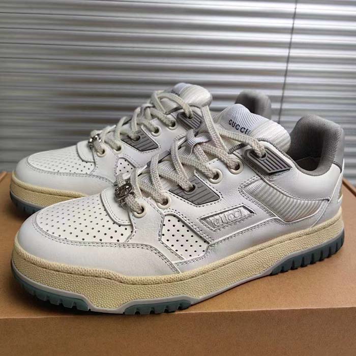 G*u*i unisex distressed effect sneaker off white leather grey rubber G*u*i script low heel