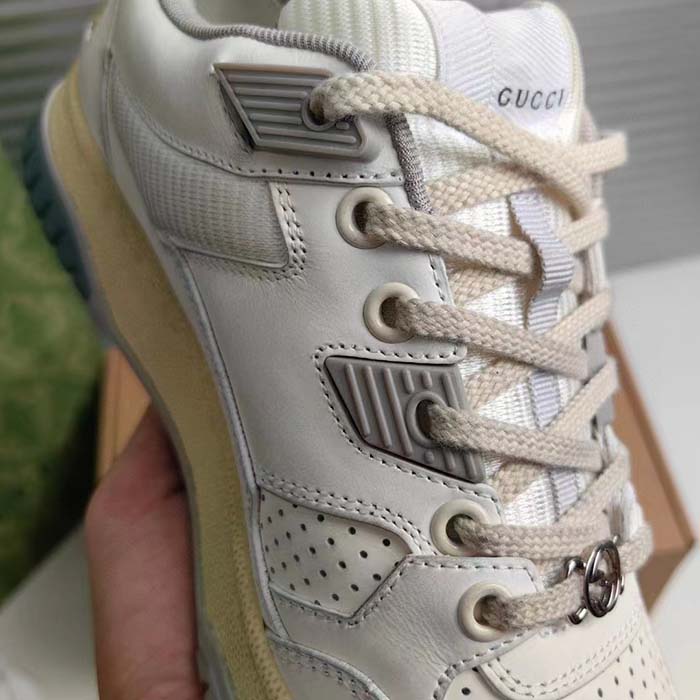 G*u*i unisex distressed effect sneaker off white leather grey rubber G*u*i script low heel