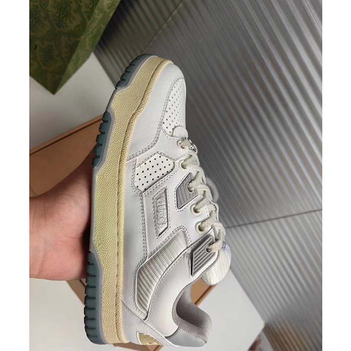 G*u*i unisex distressed effect sneaker off white leather grey rubber G*u*i script low heel