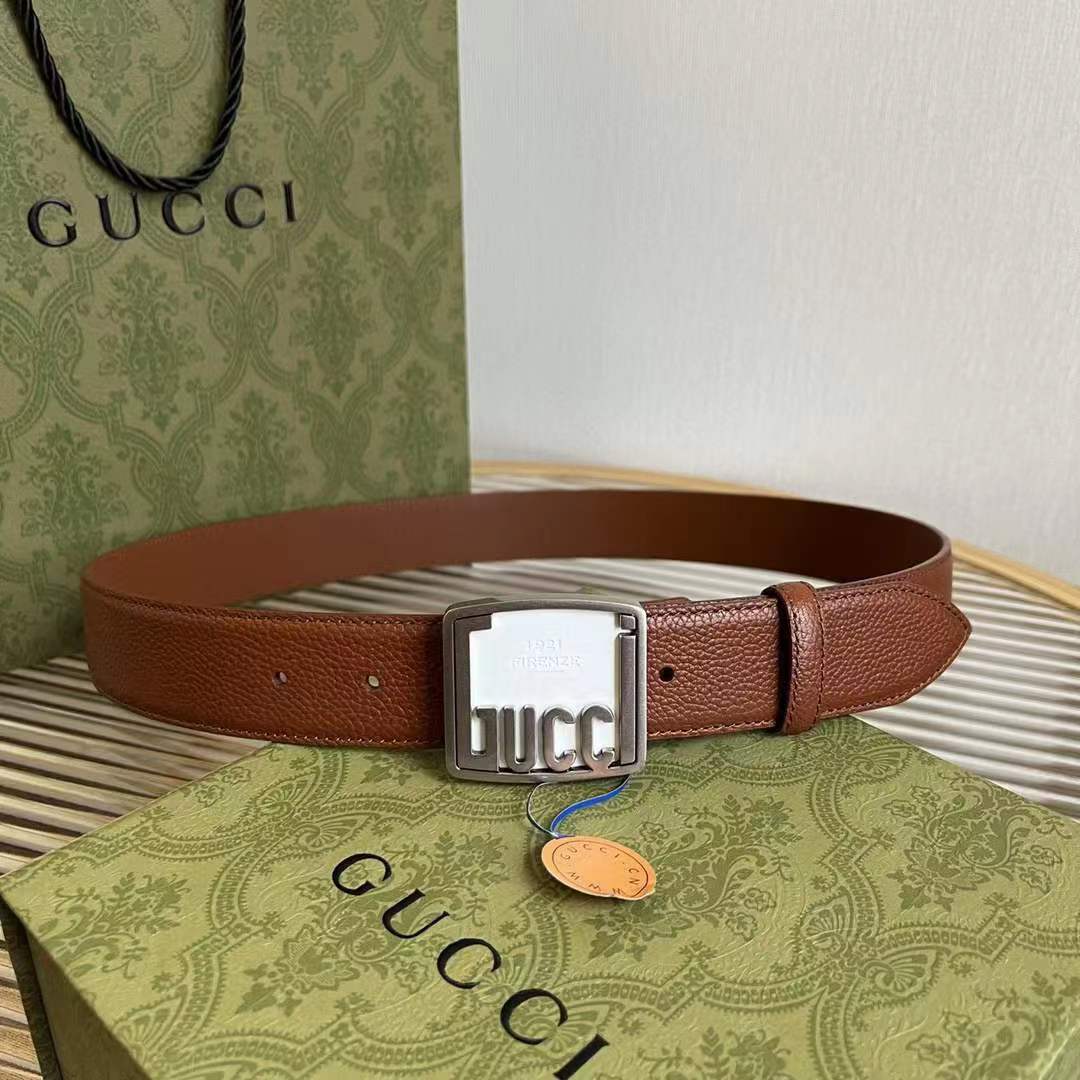 G*u*i unisex gg belt G*u*i plaque buckle brown leather palladium-toned hardware