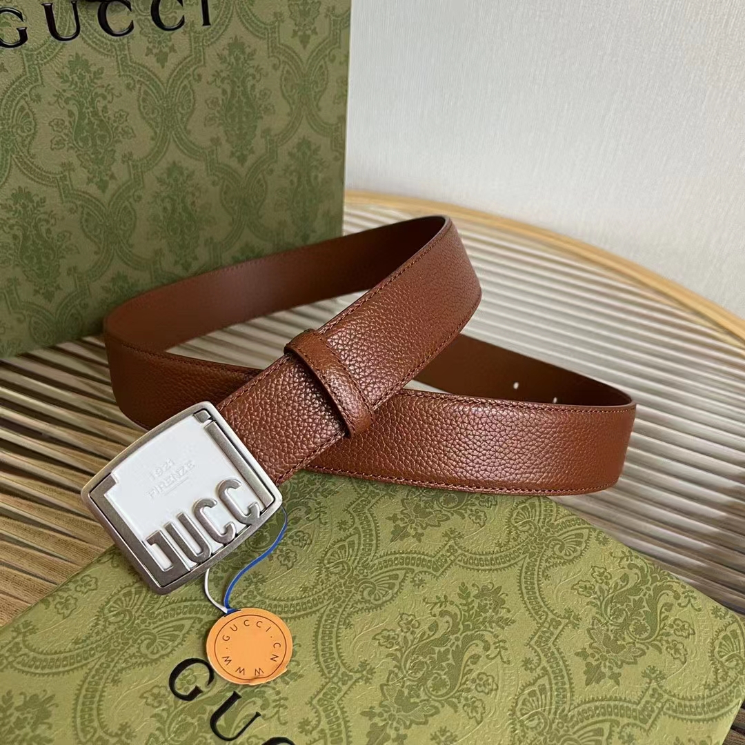 G*u*i unisex gg belt G*u*i plaque buckle brown leather palladium-toned hardware
