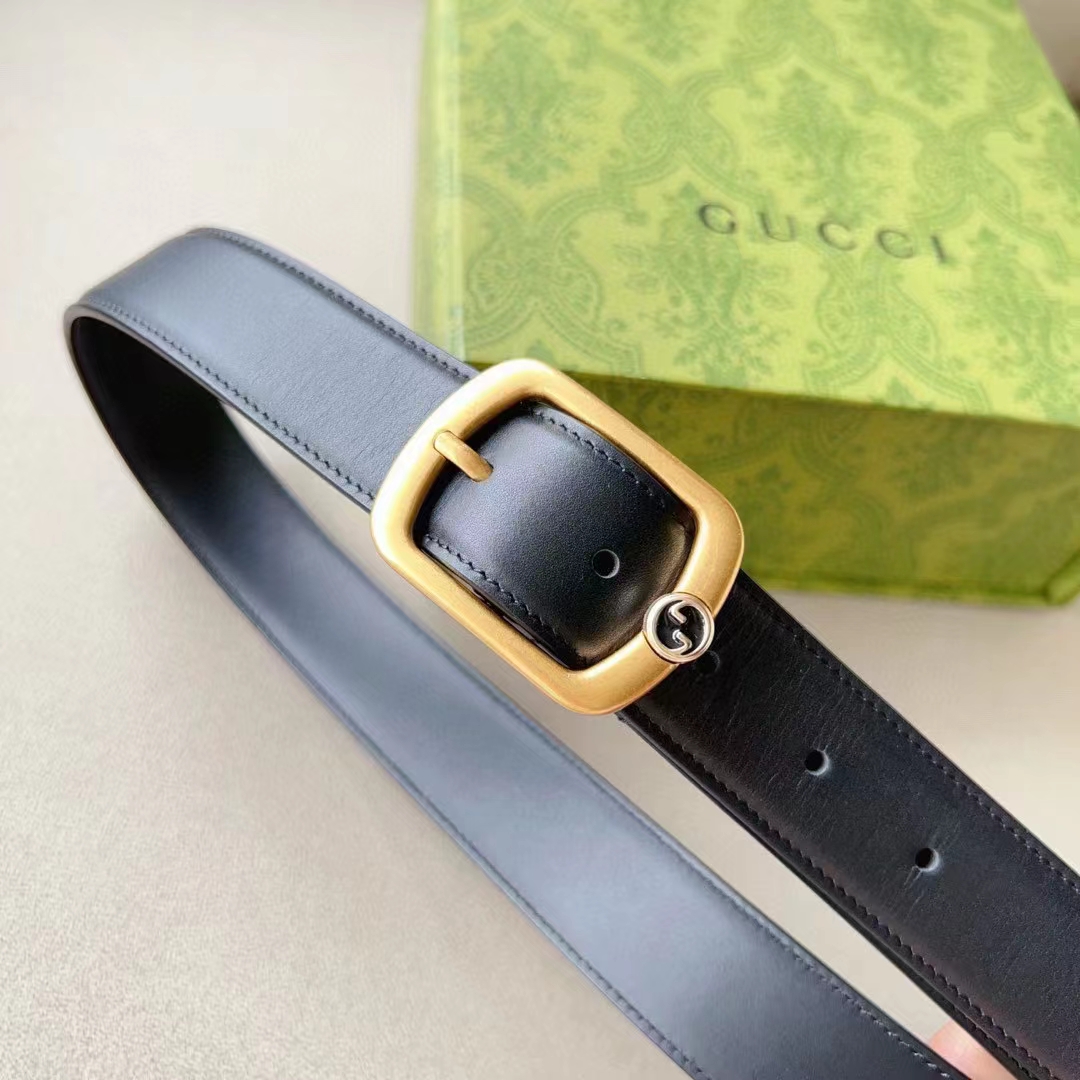 G*u*i unisex gg belt rectangular buckle black leather antique brass hardware 3 cm width