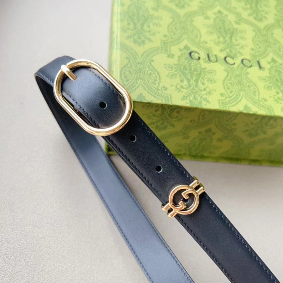 G*u*i unisex gg belt round interlocking g black leather oval buckle 2.3 cm width