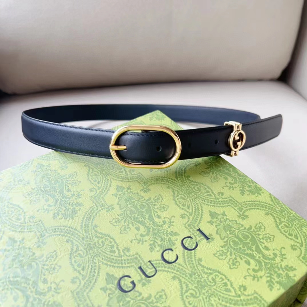 G*u*i unisex gg belt round interlocking g black leather oval buckle 2.3 cm width