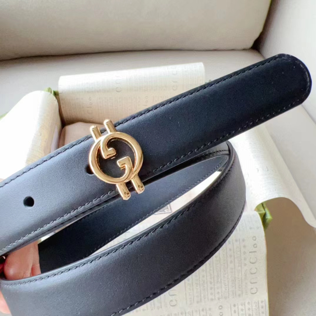 G*u*i unisex gg belt round interlocking g black leather oval buckle 2.3 cm width