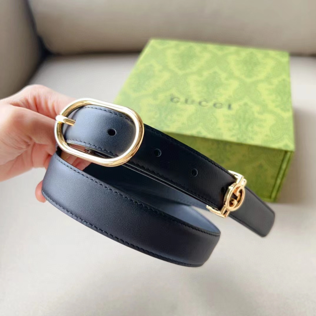 G*u*i unisex gg belt round interlocking g black leather oval buckle 2.3 cm width