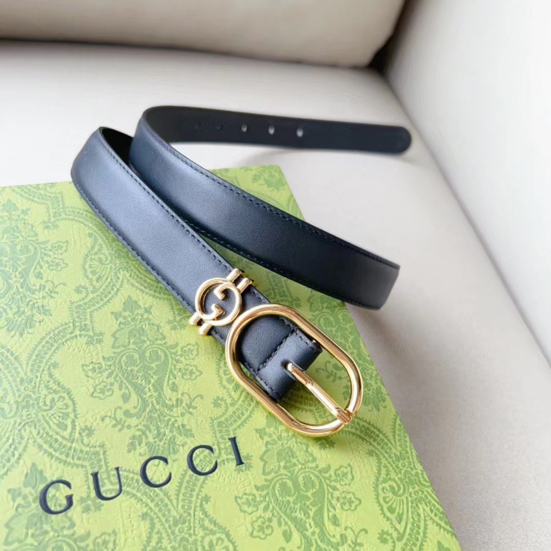 G*u*i unisex gg belt round interlocking g black leather oval buckle 2.3 cm width