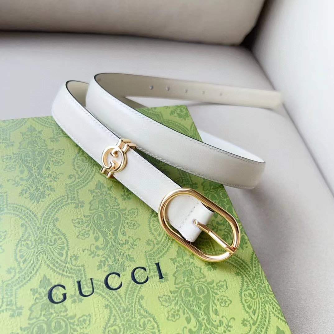G*u*i unisex gg belt round interlocking g white leather oval buckle 2.3 cm width