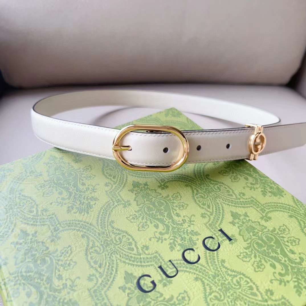G*u*i unisex gg belt round interlocking g white leather oval buckle 2.3 cm width