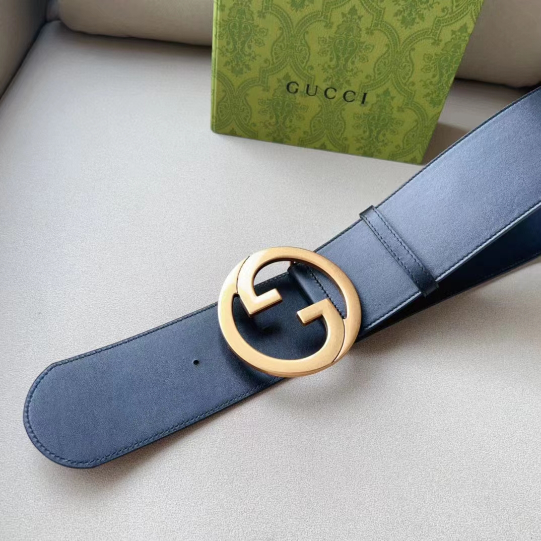 G*u*i unisex gg blondie wide belt black leather round interlocking g 5 cm width