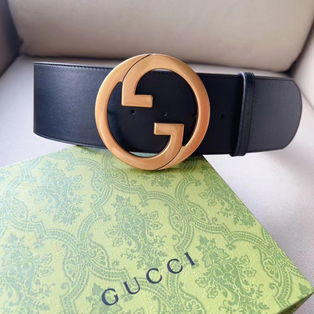G*u*i unisex gg blondie wide belt black leather round interlocking g 5 cm width