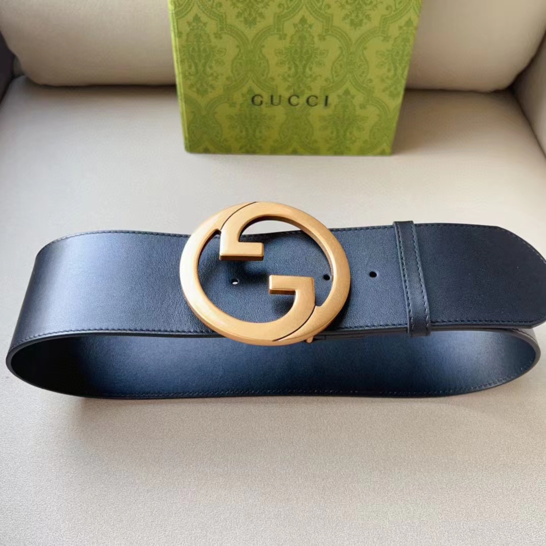 G*u*i unisex gg blondie wide belt black leather round interlocking g 5 cm width