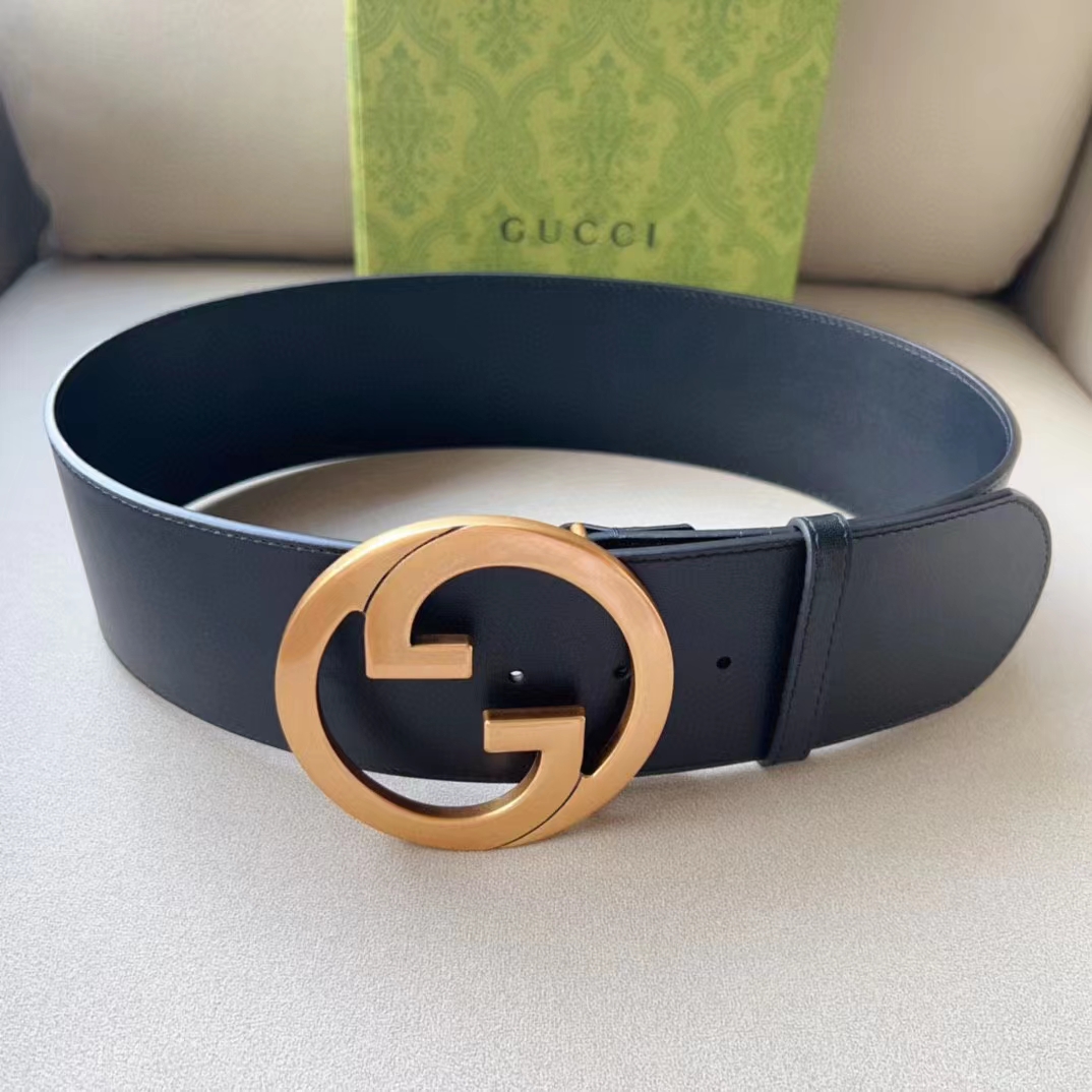 G*u*i unisex gg blondie wide belt black leather round interlocking g 5 cm width