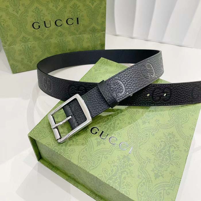 G*u*i unisex gg rubber-effect leather black square buckle 3.3 cm width
