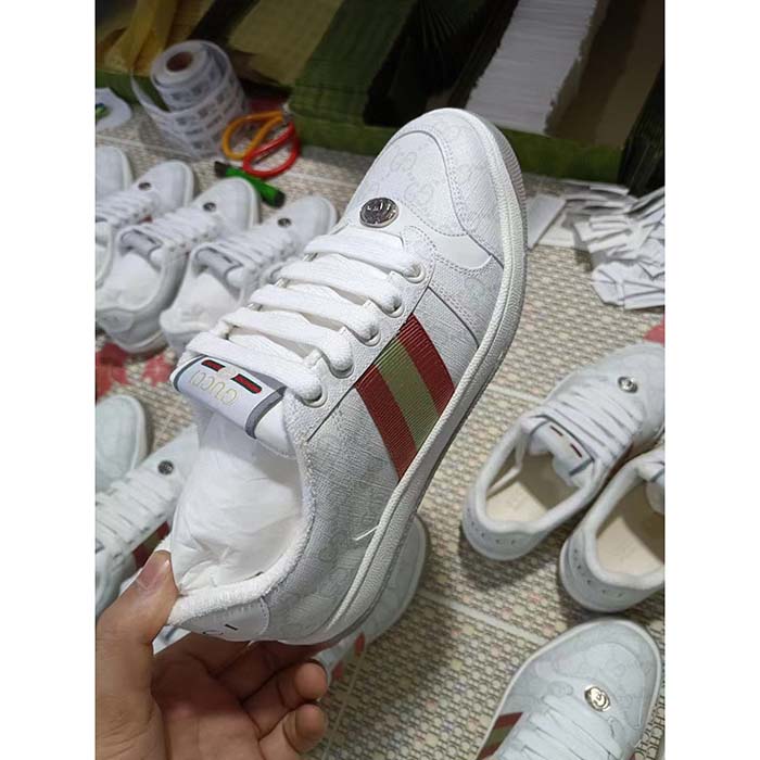 G*u*i unisex screener sneaker white gg supreme canvas pink green web rubber sole