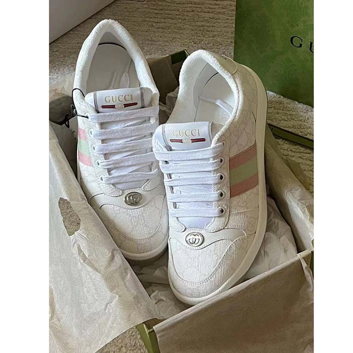 G*u*i unisex screener sneaker white gg supreme canvas pink green web rubber sole