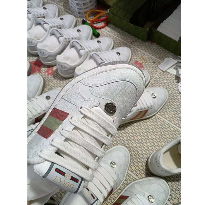 G*u*i unisex screener sneaker white gg supreme canvas pink green web rubber sole