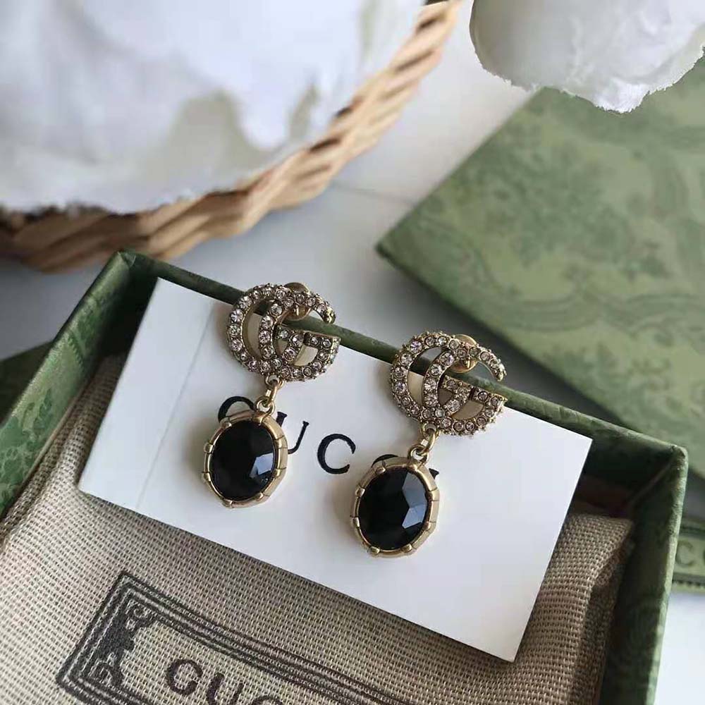 G*u*i women double g earrings with black crystals