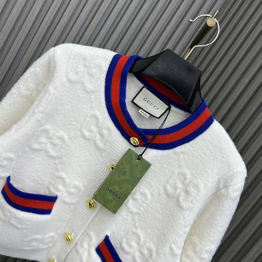 G*u*i women felted gg wool cardigan web ivory crewneck dropped shoulder long sleeves