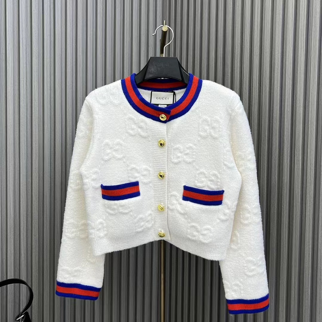 G*u*i women felted gg wool cardigan web ivory crewneck dropped shoulder long sleeves