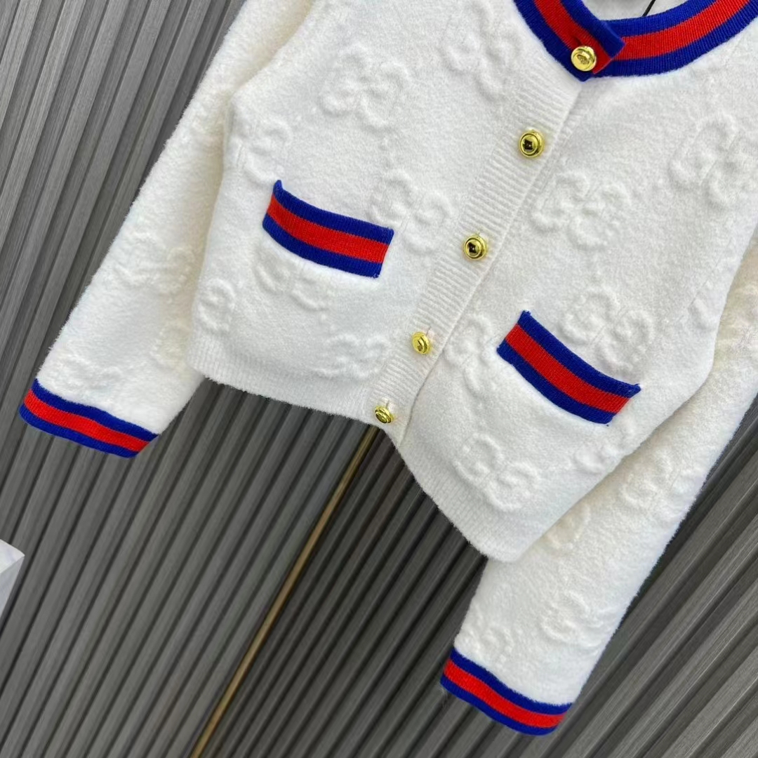 G*u*i women felted gg wool cardigan web ivory crewneck dropped shoulder long sleeves