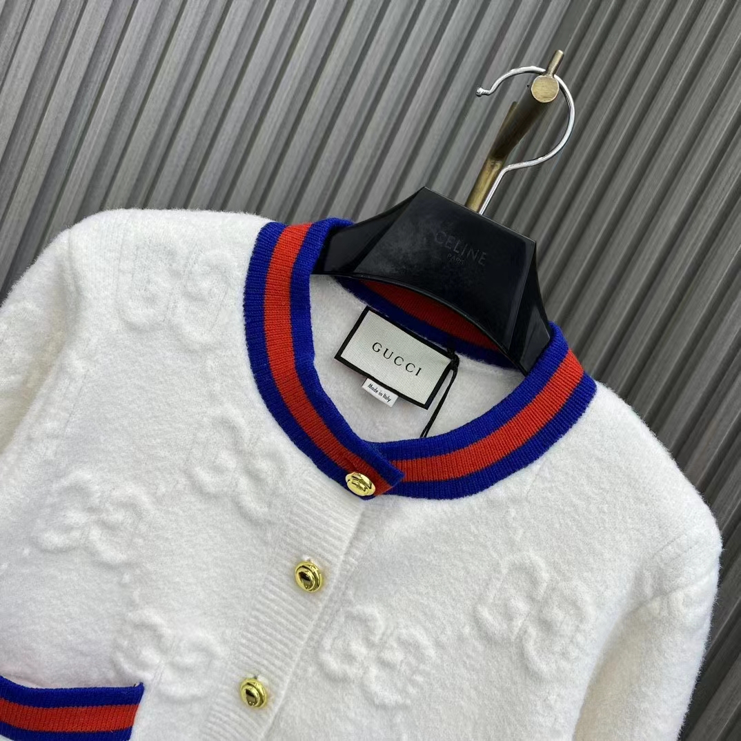G*u*i women felted gg wool cardigan web ivory crewneck dropped shoulder long sleeves