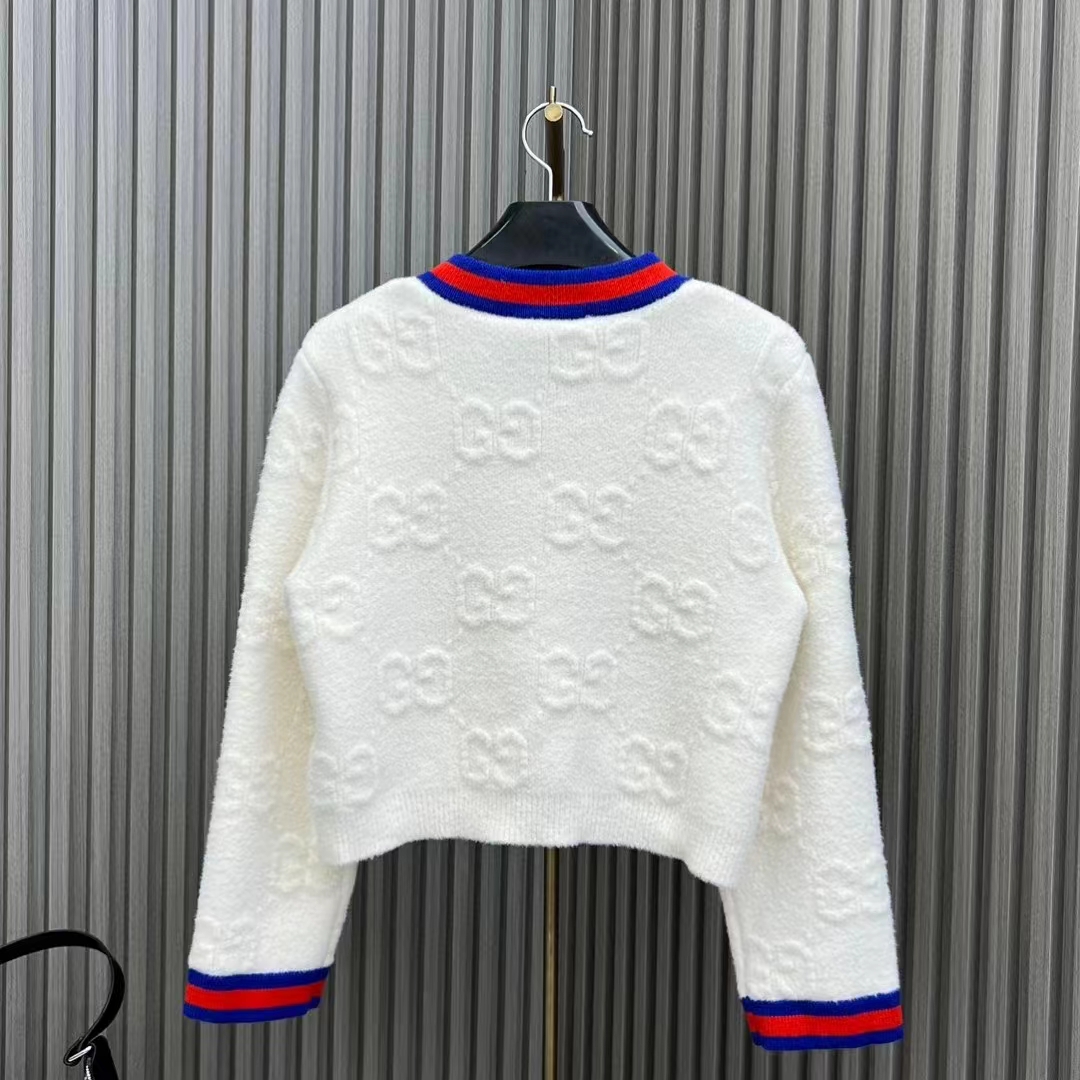 G*u*i women felted gg wool cardigan web ivory crewneck dropped shoulder long sleeves