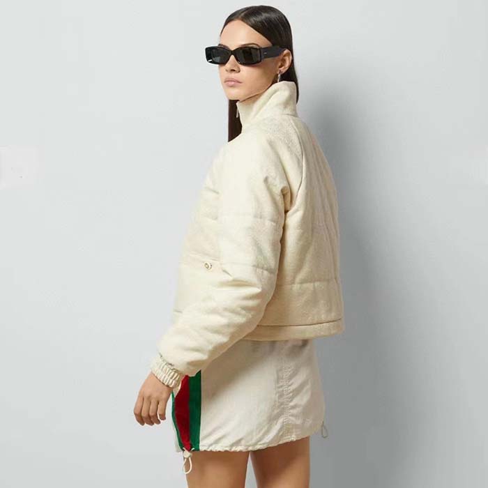 G*u*i women gg canvas bomber jacket cream self-covered buttons interlocking g lined high neck