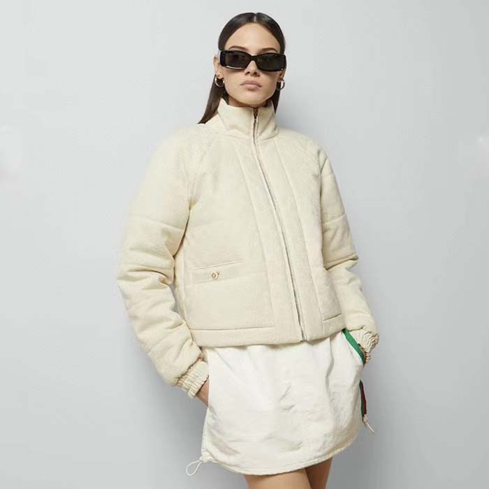 G*u*i women gg canvas bomber jacket cream self-covered buttons interlocking g lined high neck
