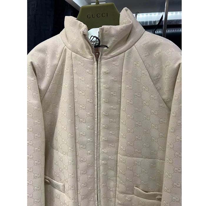 G*u*i women gg canvas bomber jacket cream self-covered buttons interlocking g lined high neck