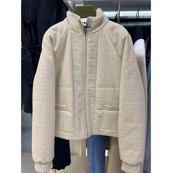 G*u*i women gg canvas bomber jacket cream self-covered buttons interlocking g lined high neck