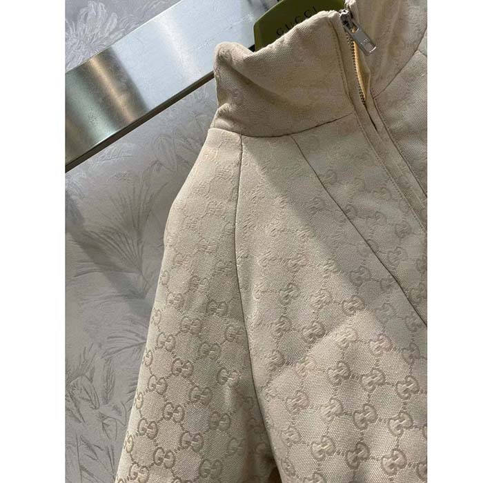 G*u*i women gg canvas bomber jacket cream self-covered buttons interlocking g lined high neck
