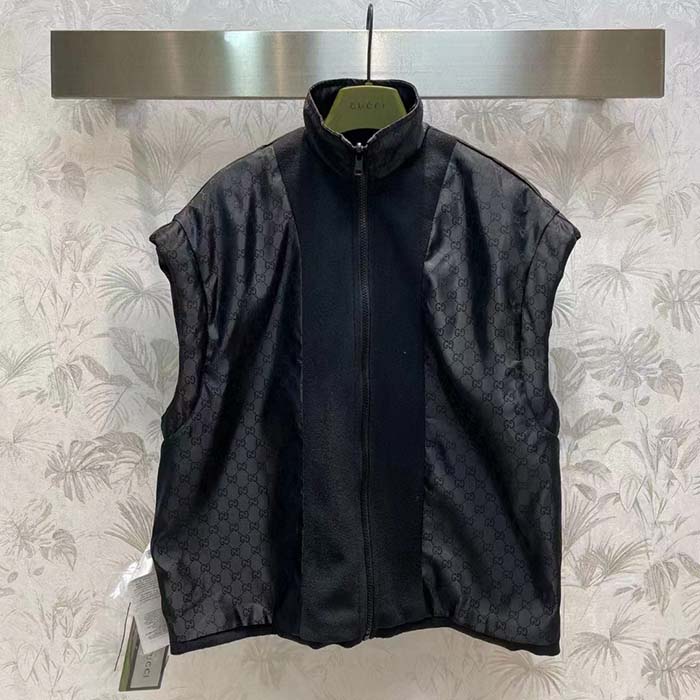 G*u*i women gg canvas bomber jacket high neck drawstring detachable hood gilet dropped shoulder