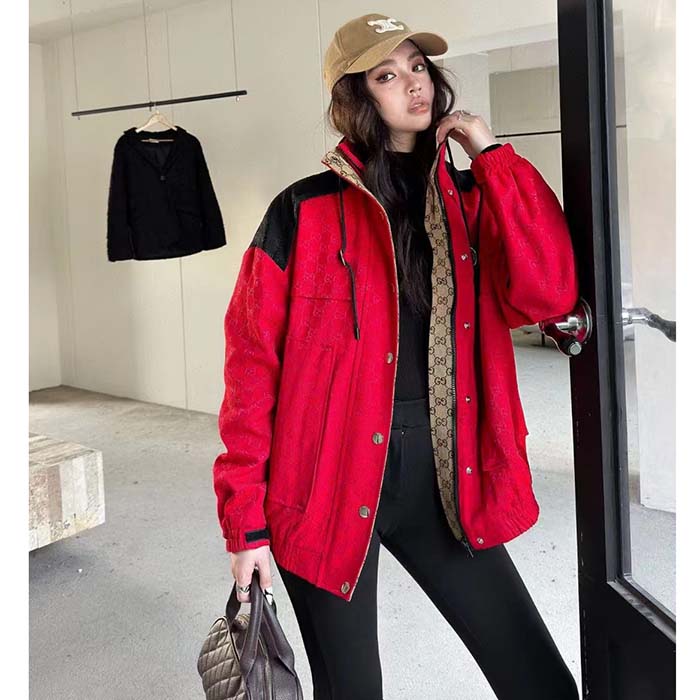 G*u*i women gg canvas bomber jacket high neck drawstring detachable hood gilet dropped shoulder