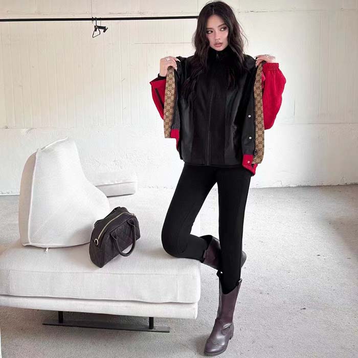 G*u*i women gg canvas bomber jacket high neck drawstring detachable hood gilet dropped shoulder