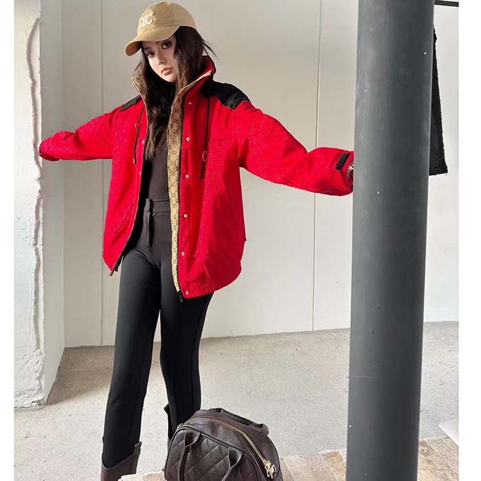 G*u*i women gg canvas bomber jacket high neck drawstring detachable hood gilet dropped shoulder