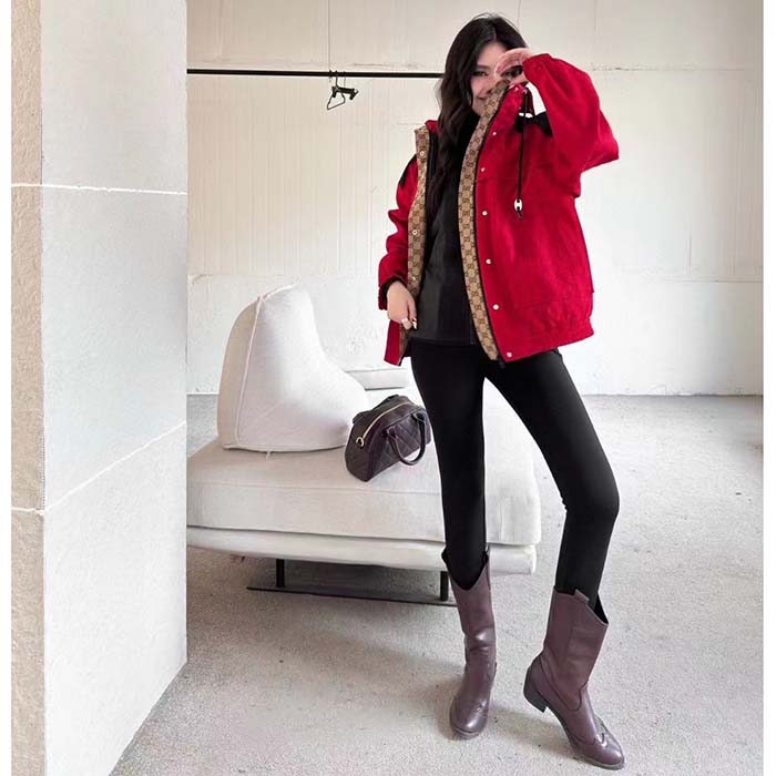 G*u*i women gg canvas bomber jacket high neck drawstring detachable hood gilet dropped shoulder