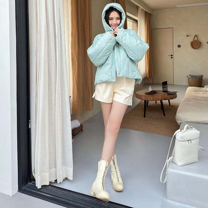 G*u*i women gg canvas hooded bomber jacket pale blue two side pockets padded drawstring hem