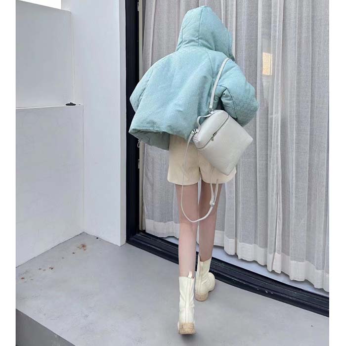 G*u*i women gg canvas hooded bomber jacket pale blue two side pockets padded drawstring hem